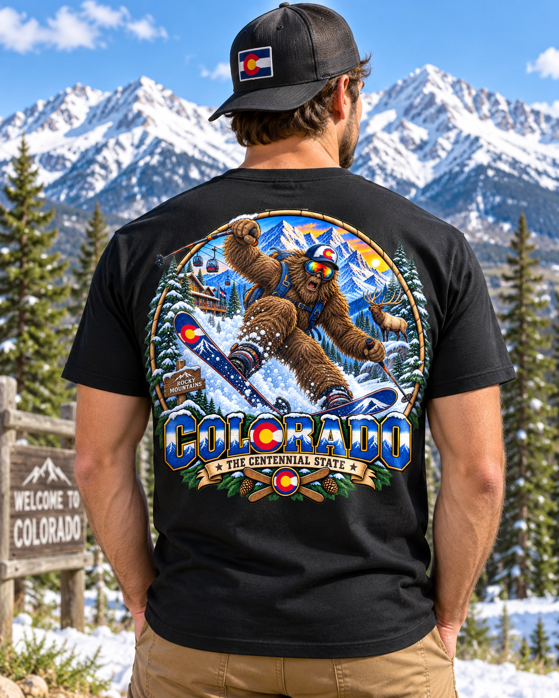 Colorado Bigfoot T-Shirt | Rocky Mountain Ski Sasquatch T-Shirt - Bigfoot Coast to Coast