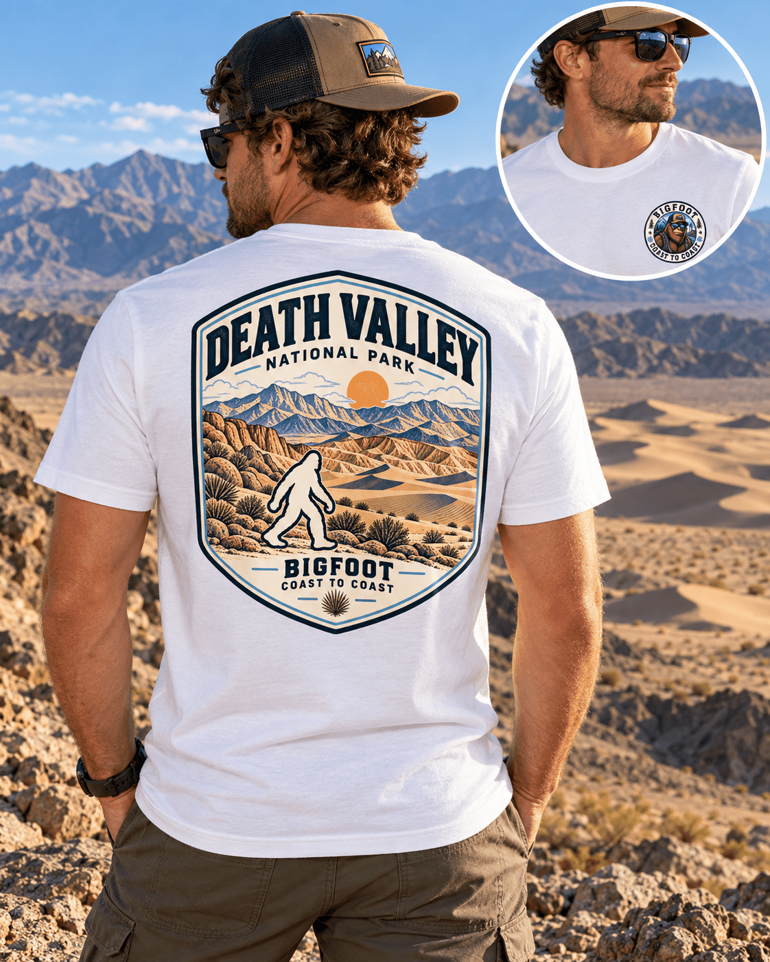 Joshua Tree Bigfoot shirt featuring a vintage national park back graphic inspired by Joshua trees, granite boulders, desert ridges, and open sky