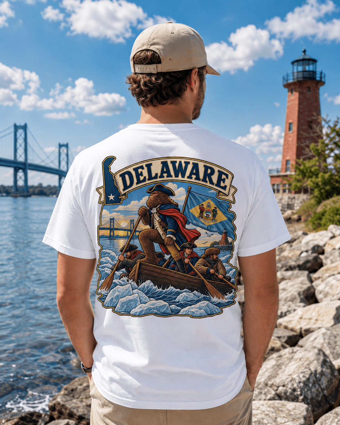 Delaware Bigfoot shirt with Sasquatch in colonial boat scene and coastal Delaware landmarks