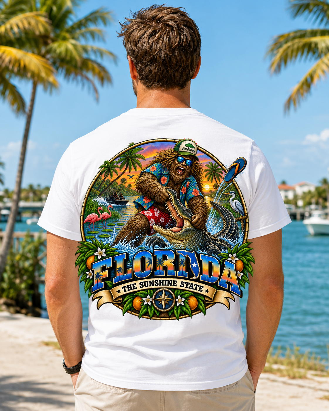 Florida Bigfoot shirt featuring Sasquatch and alligator in colorful Sunshine State scenery