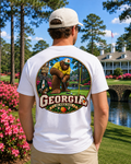 Georgia Bigfoot golf shirt featuring Sasquatch on a golf course in colorful Southern scenery