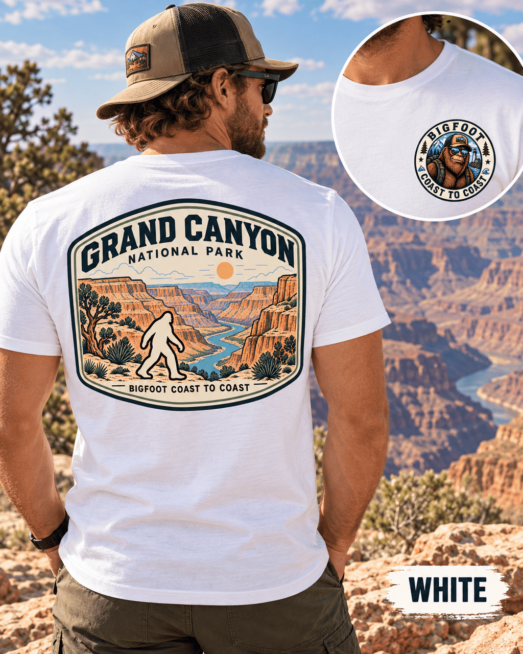 Grand Canyon Bigfoot shirt featuring a vintage national park back graphic inspired by layered canyon walls, Colorado River, and vast desert overlooks