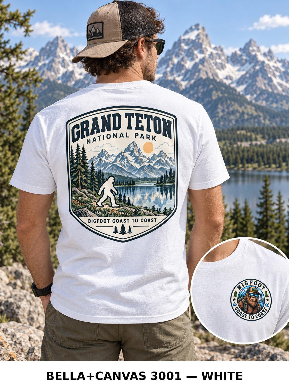 Grand Teton Bigfoot shirt featuring a vintage national park back graphic inspired by jagged Tetons, alpine lakes, sagebrush, and valley views