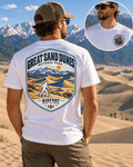 Great Sand Dunes Bigfoot shirt featuring a vintage national park back graphic inspired by towering dunes set against the snow-capped Sangre de Cristo Range