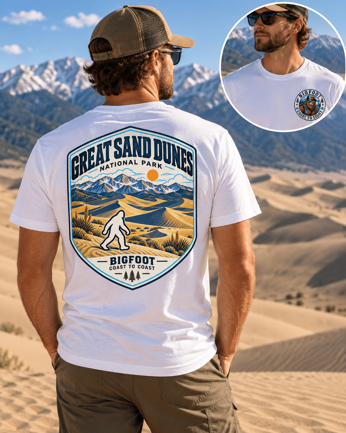 Great Sand Dunes Bigfoot shirt featuring a vintage national park back graphic inspired by towering dunes set against the snow-capped Sangre de Cristo Range