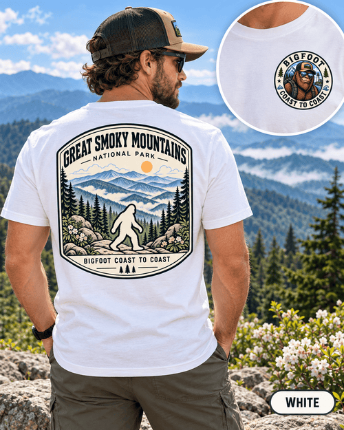Great Smoky Mountains Bigfoot shirt featuring a vintage national park back graphic inspired by misty ridgelines, hardwood forest, streams, and mountain trails