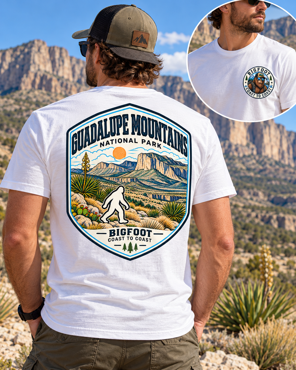 Guadalupe Mountains Bigfoot shirt featuring a vintage national park back graphic inspired by desert mountains, limestone cliffs, and rugged West Texas trails