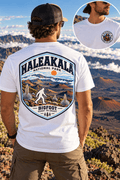 Haleakala Bigfoot shirt featuring a vintage national park back graphic inspired by volcanic crater, cinder landscapes, clouds, and sunrise above the summit