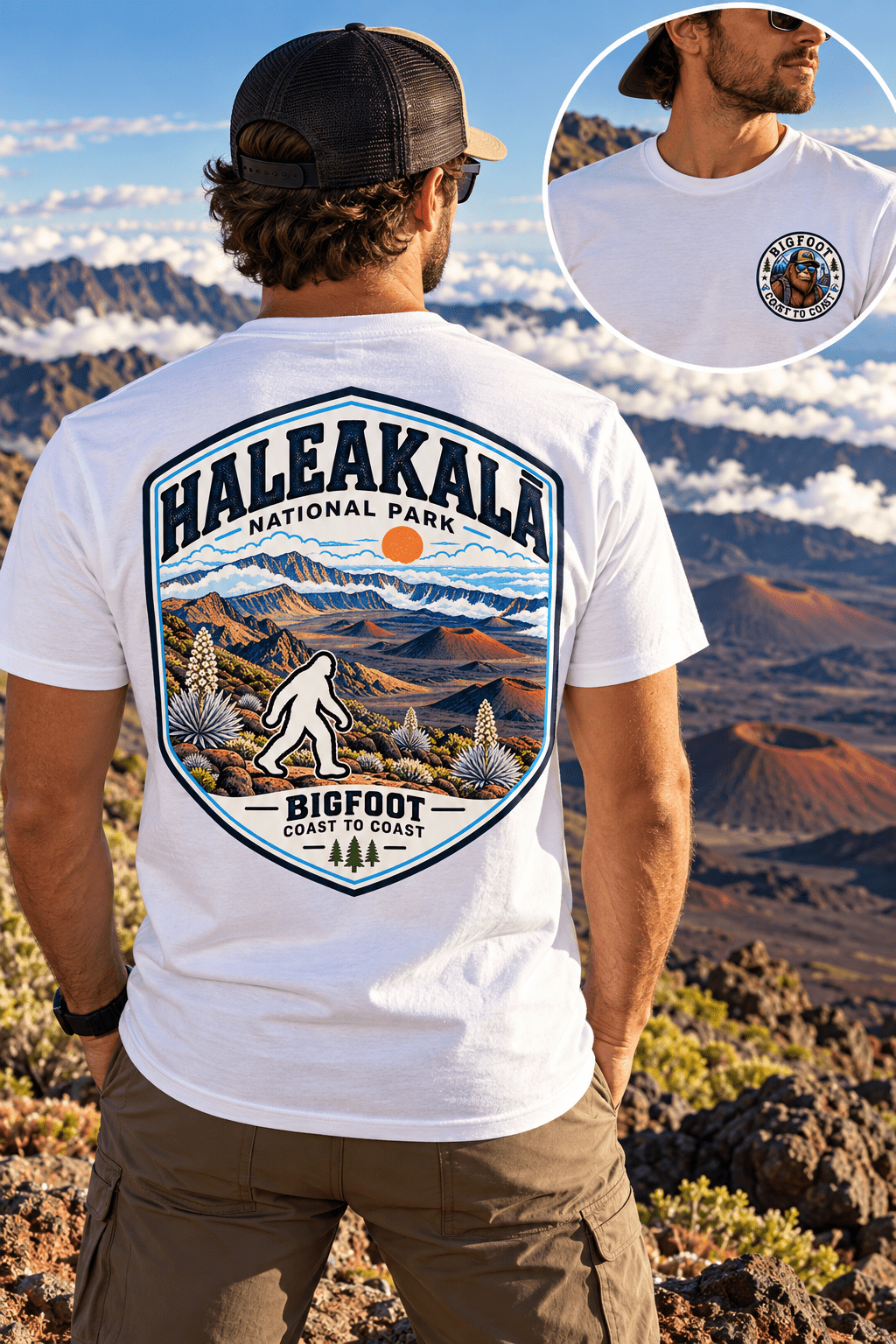 Haleakala Bigfoot shirt featuring a vintage national park back graphic inspired by volcanic crater, cinder landscapes, clouds, and sunrise above the summit
