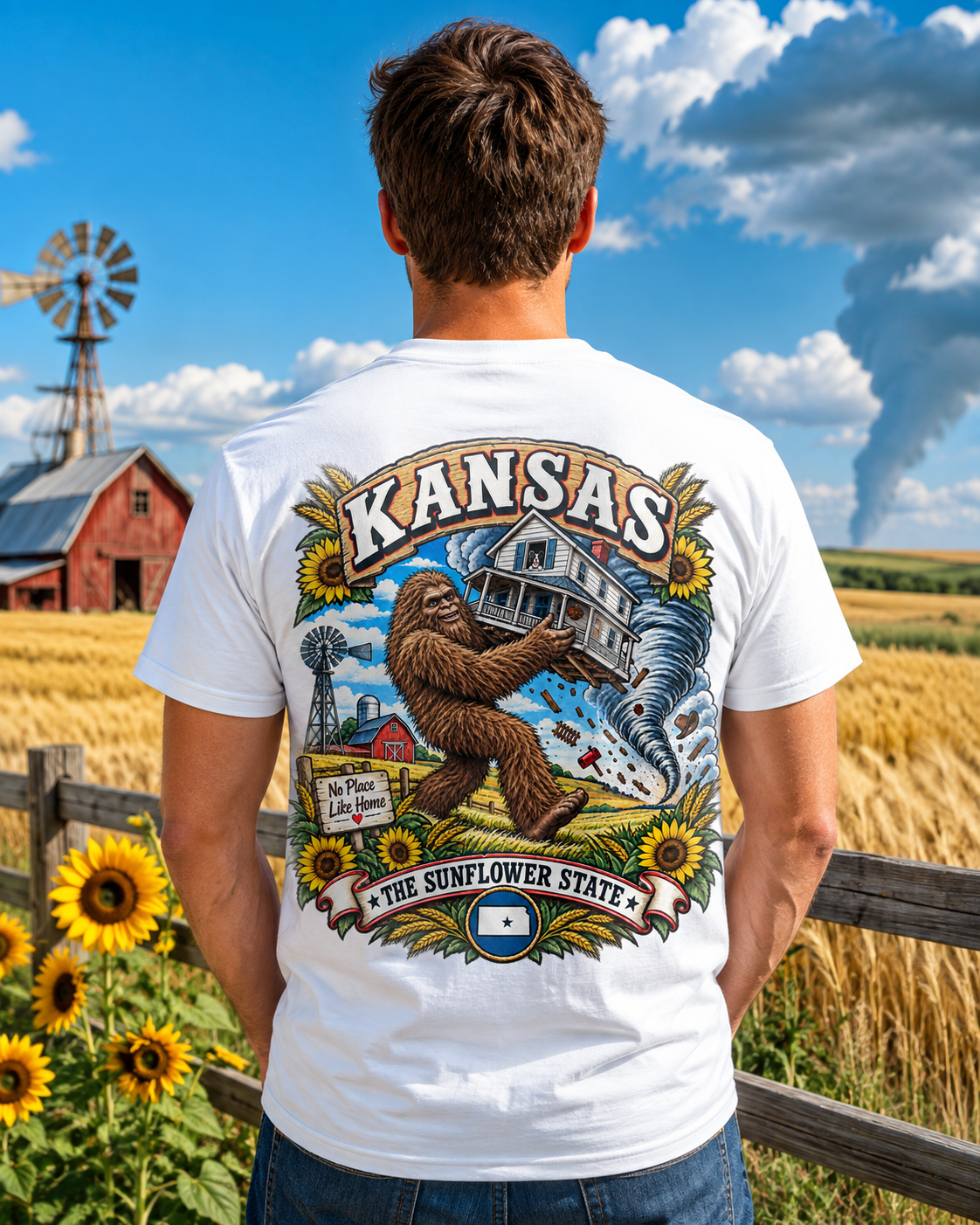 Kansas Bigfoot shirt featuring Sasquatch in tornado scene with sunflowers, wheat fields, and farm country