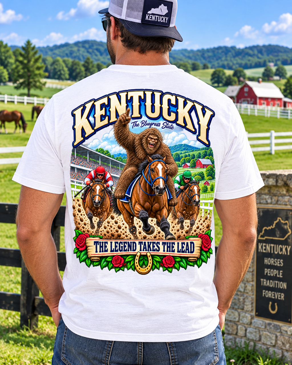 Kentucky Bigfoot horse racing shirt with Sasquatch riding a racehorse in Bluegrass country