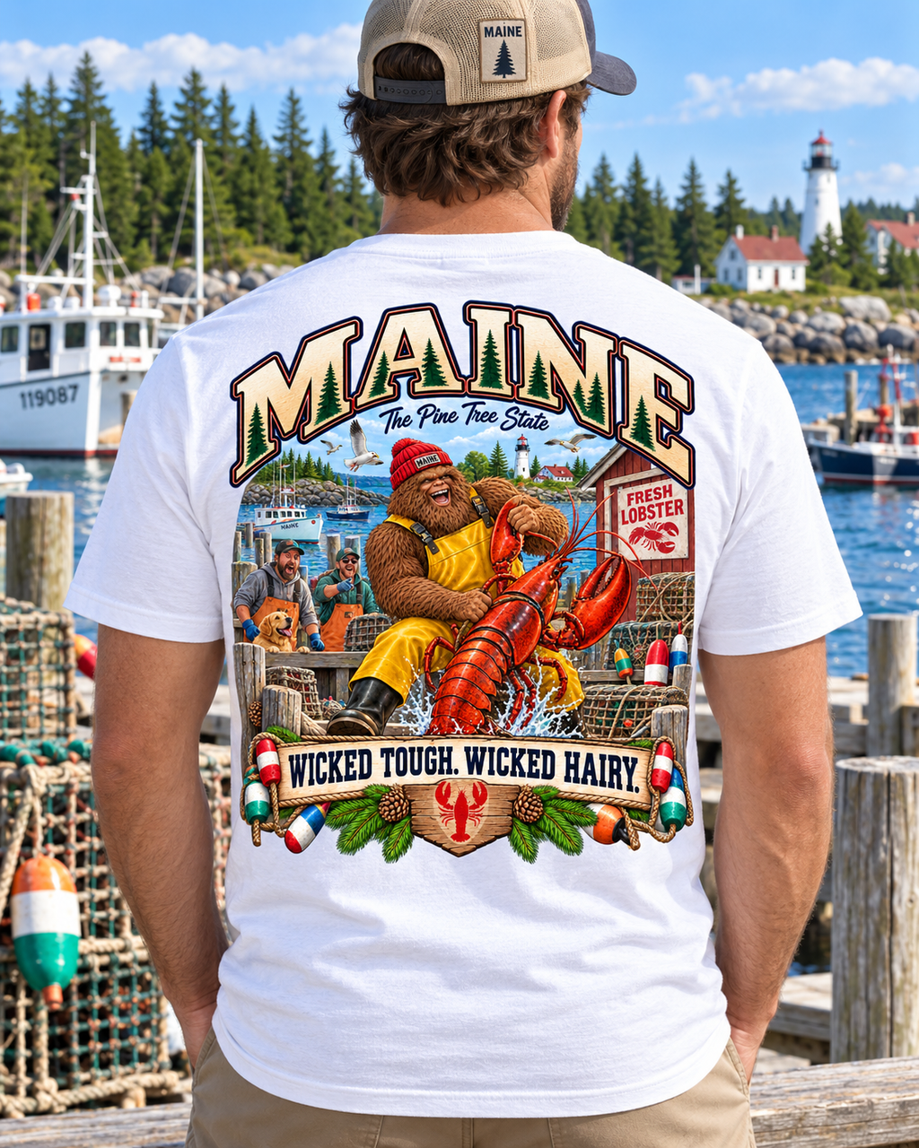 Maine Bigfoot shirt with shaggy Sasquatch wrestling a giant lobster at a coastal Maine fishing harbor