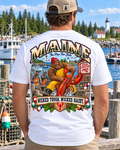Maine Bigfoot shirt with shaggy Sasquatch wrestling a giant lobster at a coastal Maine fishing harbor