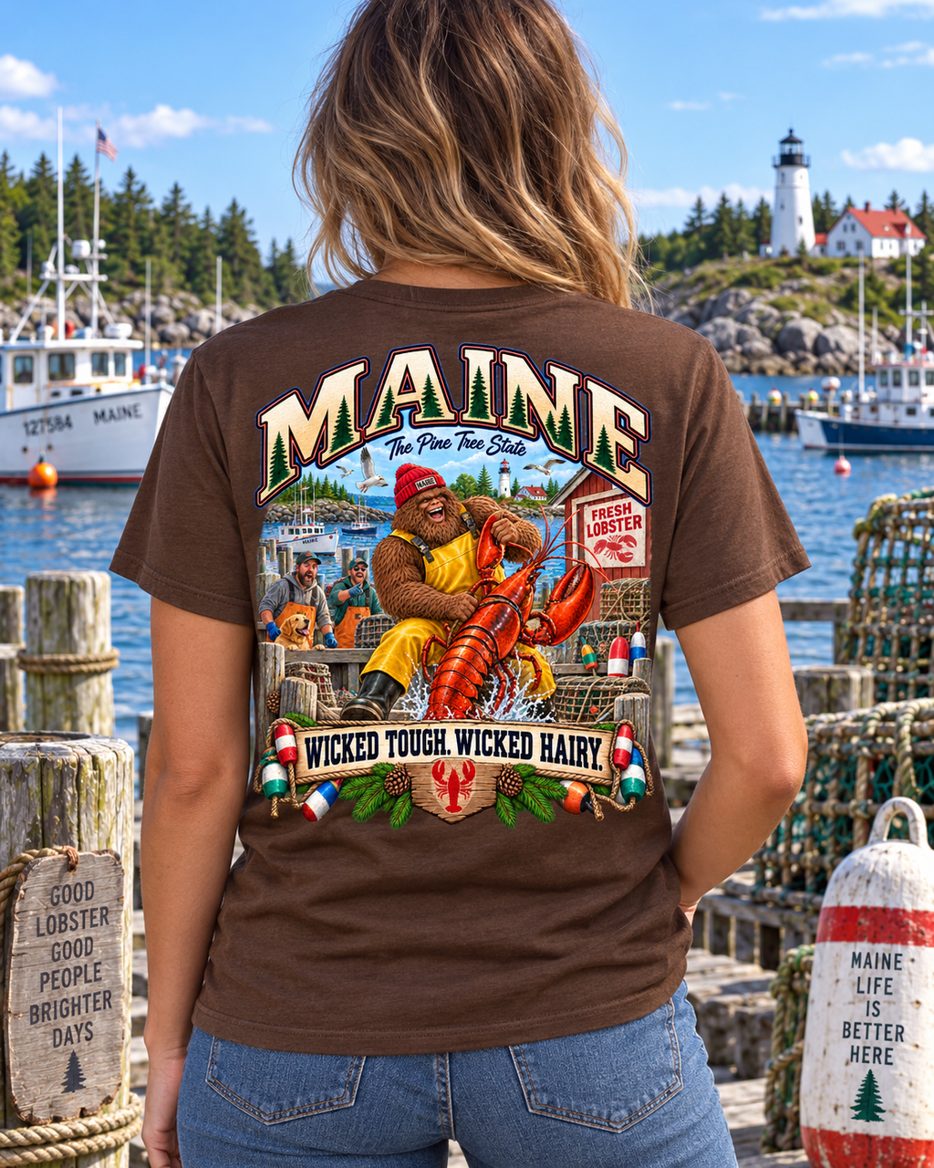 Maine Lobster Shack T-Shirt — "Wicked Tough, Wicked Hairy" Retro Seafood Tee - Bigfoot Coast to Coast