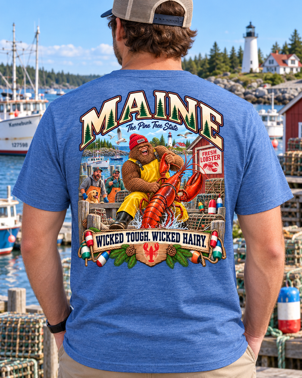 Maine Lobster Shack T-Shirt — "Wicked Tough, Wicked Hairy" Retro Seafood Tee - Bigfoot Coast to Coast