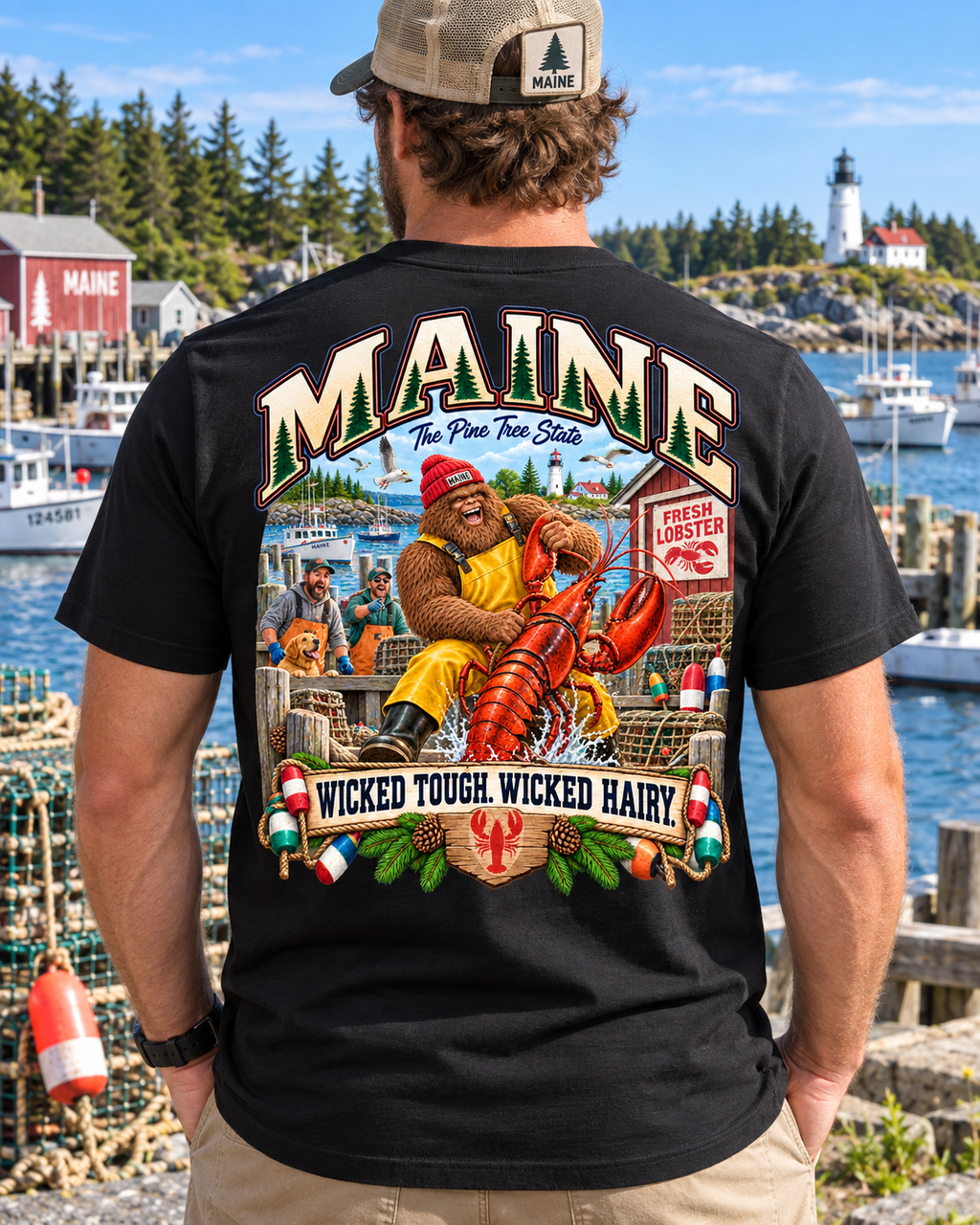 Maine Lobster Shack T-Shirt — "Wicked Tough, Wicked Hairy" Retro Seafood Tee - Bigfoot Coast to Coast