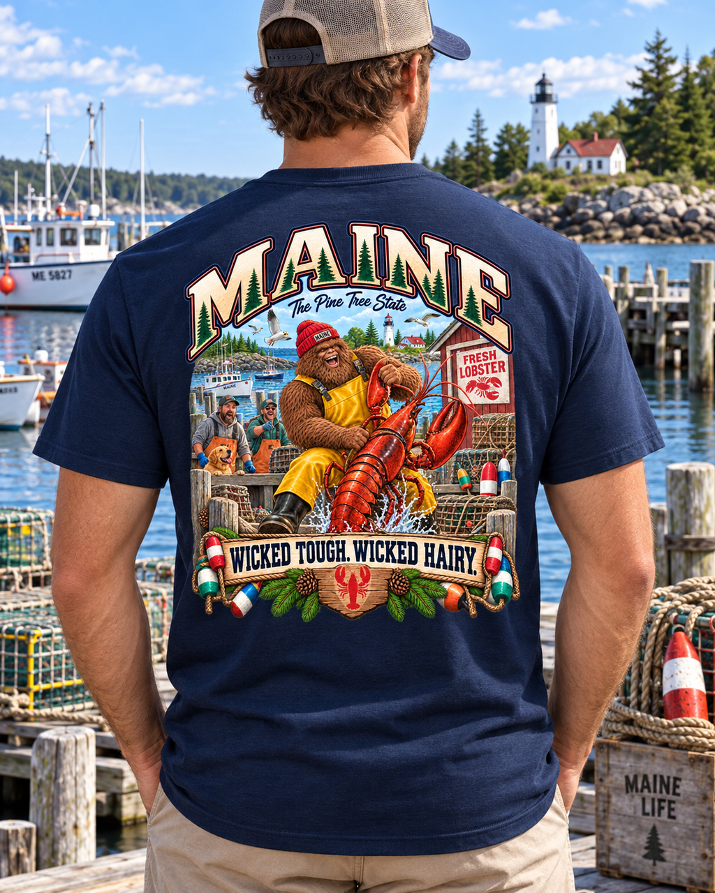 Maine Lobster Shack T-Shirt — "Wicked Tough, Wicked Hairy" Retro Seafood Tee - Bigfoot Coast to Coast