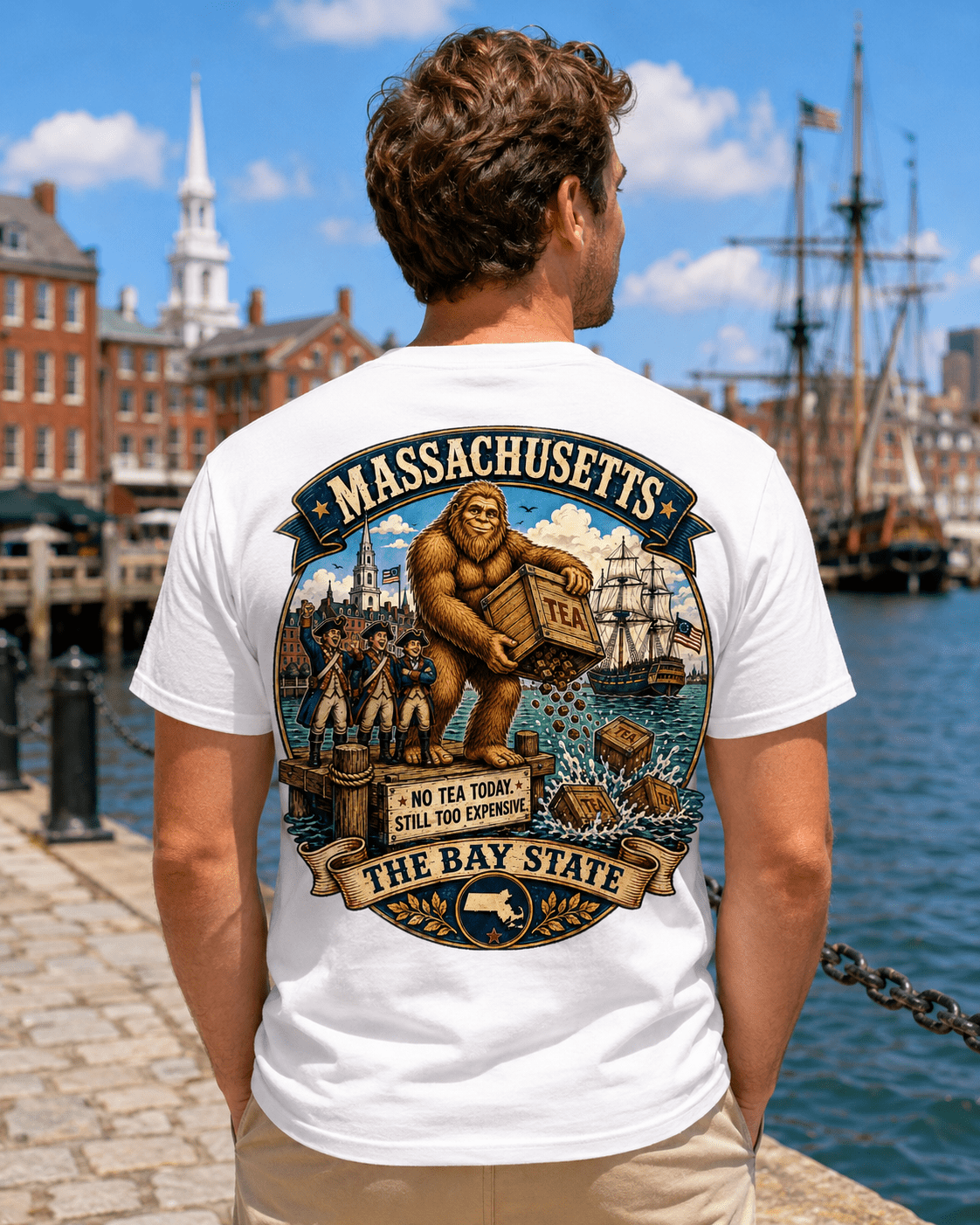 Massachusetts Bigfoot shirt with Sasquatch in Boston Tea Party harbor scene
