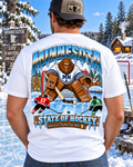 Minnesota Bigfoot hockey shirt with Sasquatch goalie, frozen lake, cabin and State of Hockey graphic
