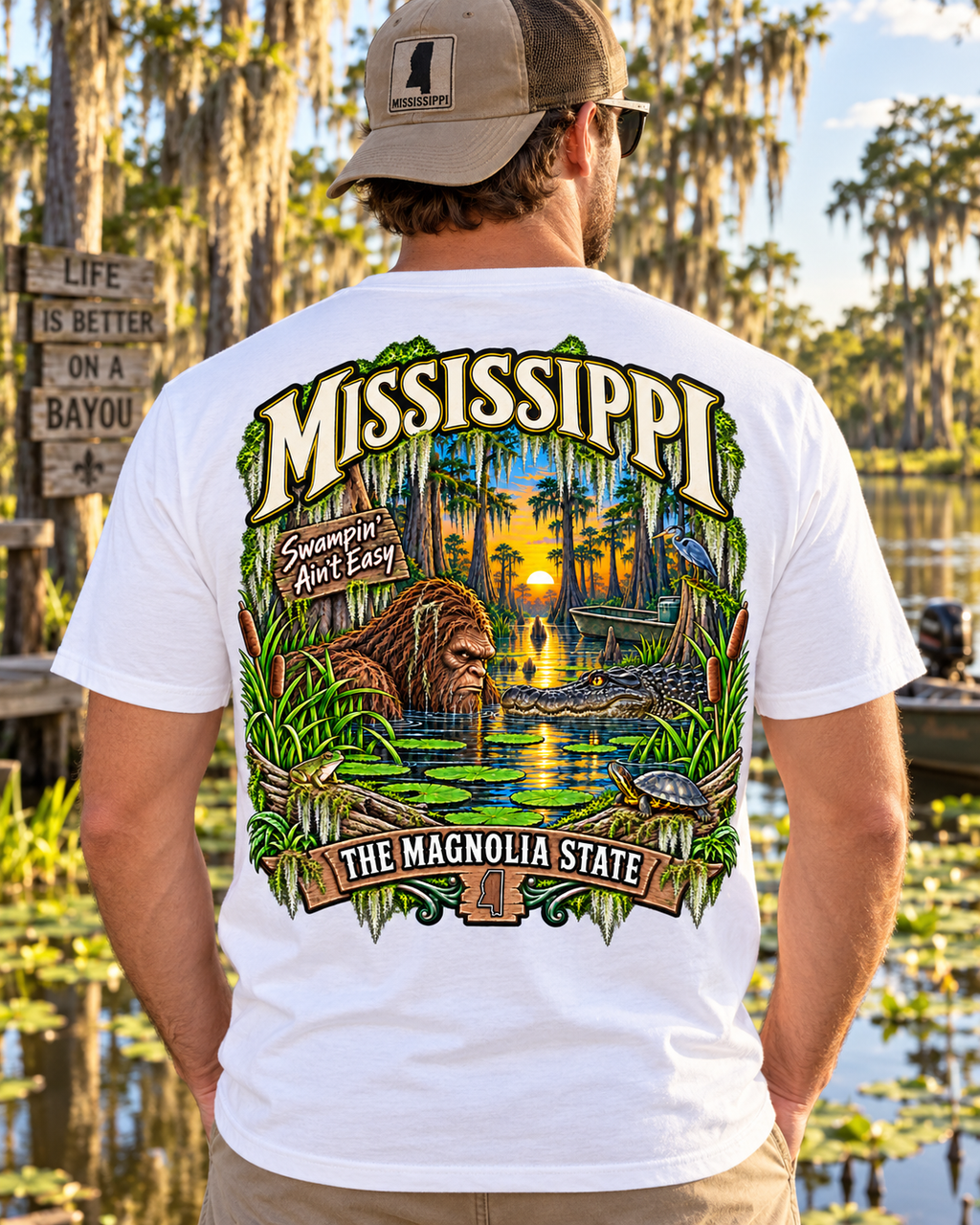 Mississippi Bigfoot shirt featuring Sasquatch face-to-face with an alligator in a cypress swamp with Spanish moss and The Magnolia State artwork.