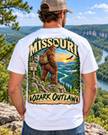 Missouri Bigfoot Ozark Outlaw shirt with Sasquatch overlooking the Ozarks river valley
