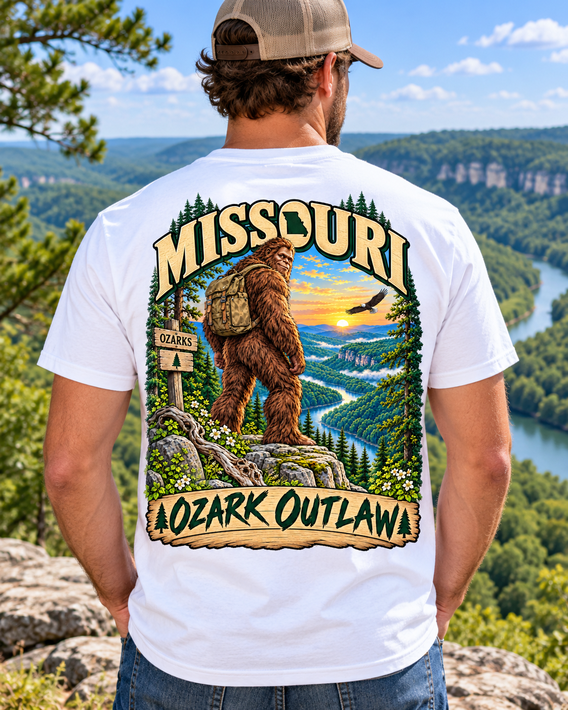 Missouri Bigfoot Ozark Outlaw shirt with Sasquatch overlooking the Ozarks river valley