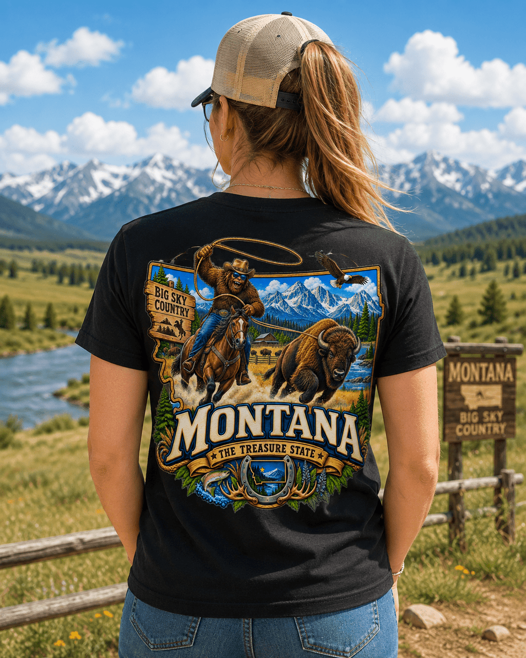 Montana Bigfoot T-Shirt - Cowboy Bison - Bigfoot Coast to Coast