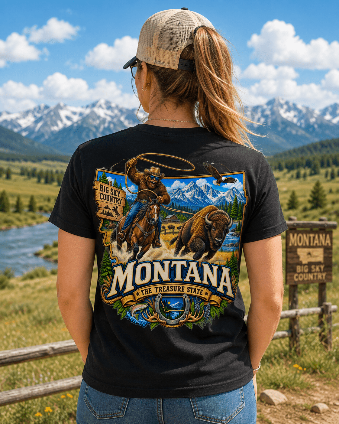 Montana Bigfoot T-Shirt - Cowboy Bison - Bigfoot Coast to Coast