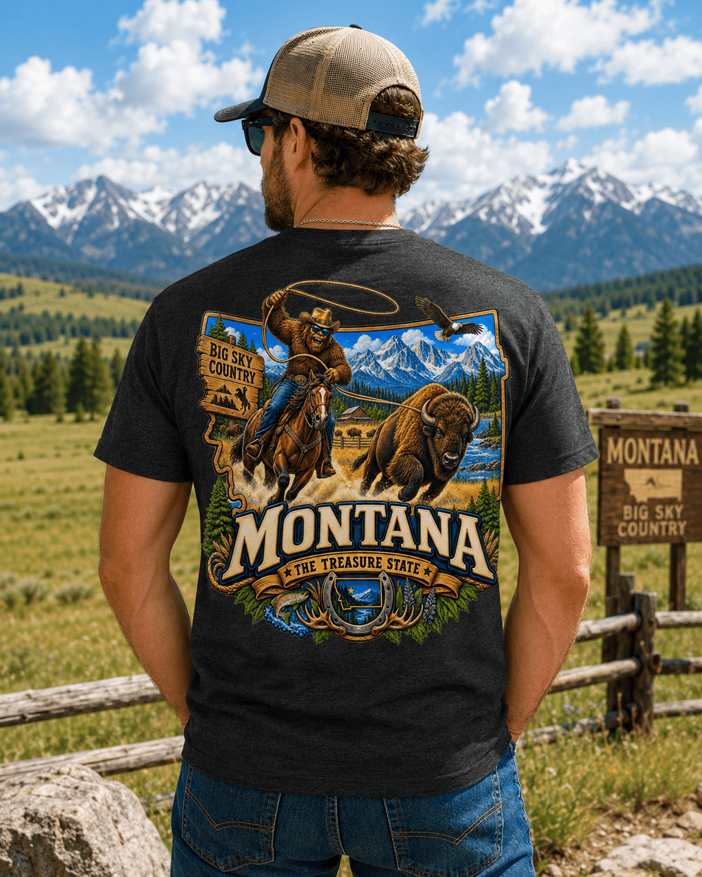 Montana Bigfoot T-Shirt - Cowboy Bison - Bigfoot Coast to Coast