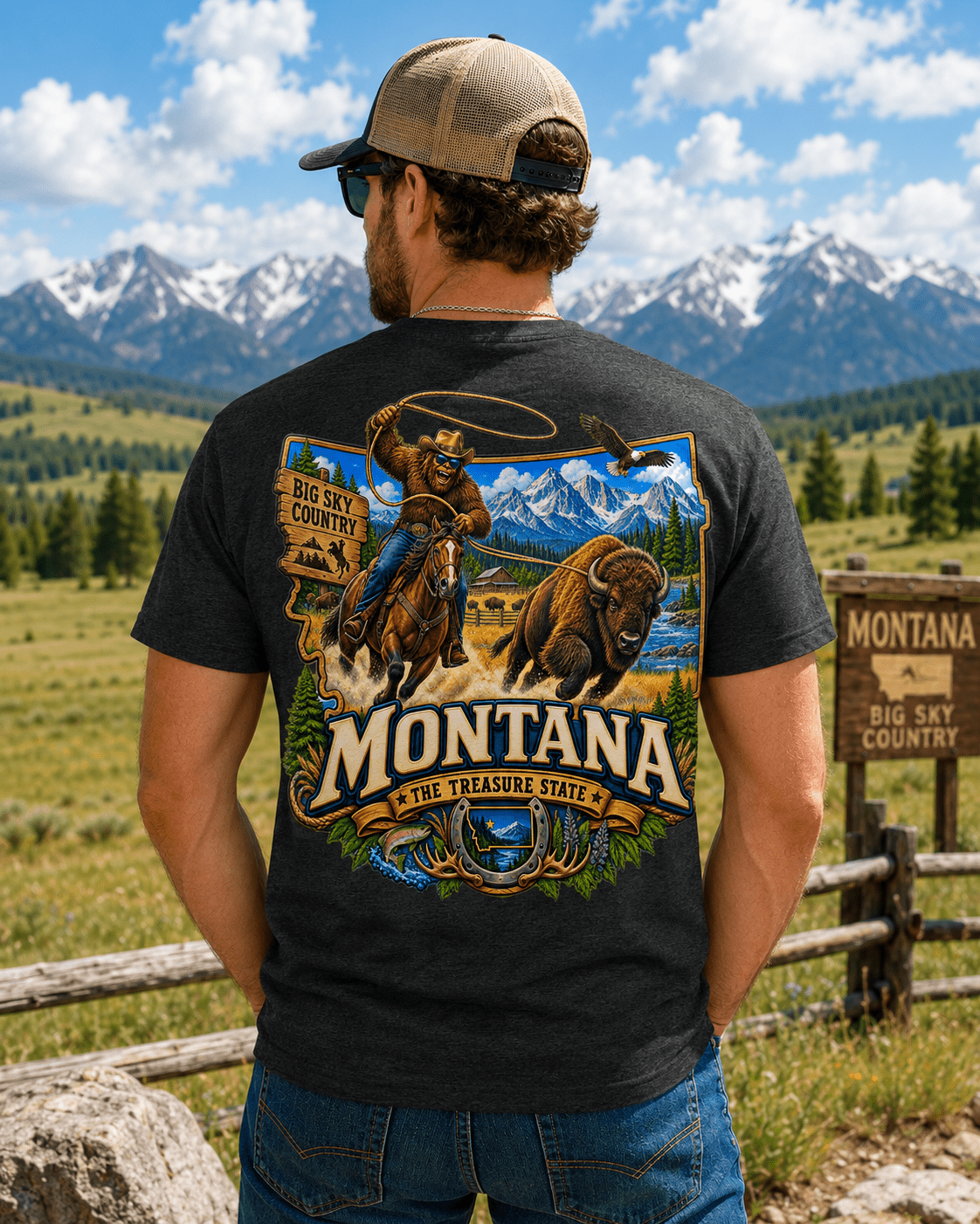 Montana Bigfoot T-Shirt - Cowboy Bison - Bigfoot Coast to Coast