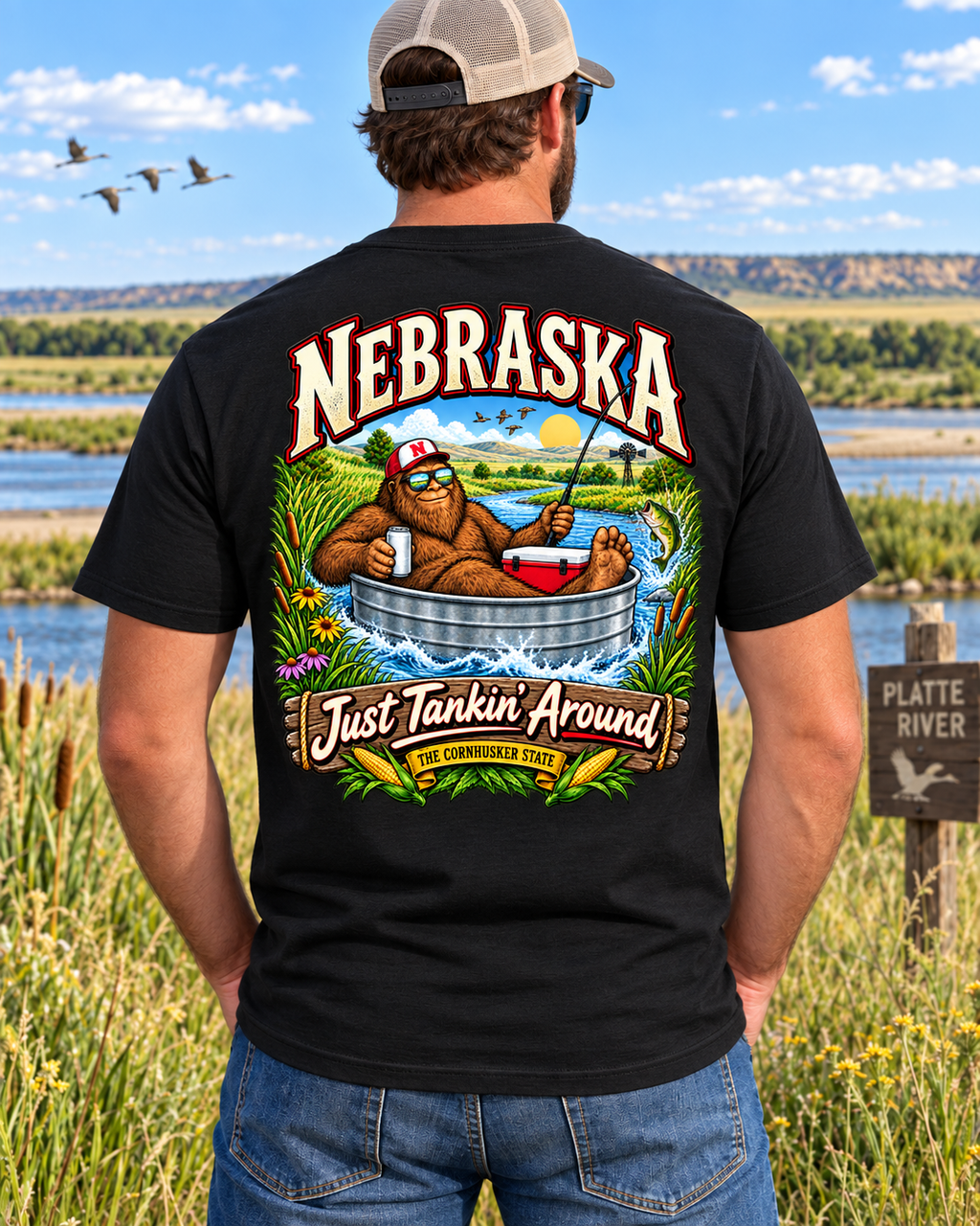 Nebraska Bigfoot T-Shirt - Tankin' Around - Bigfoot Coast to Coast