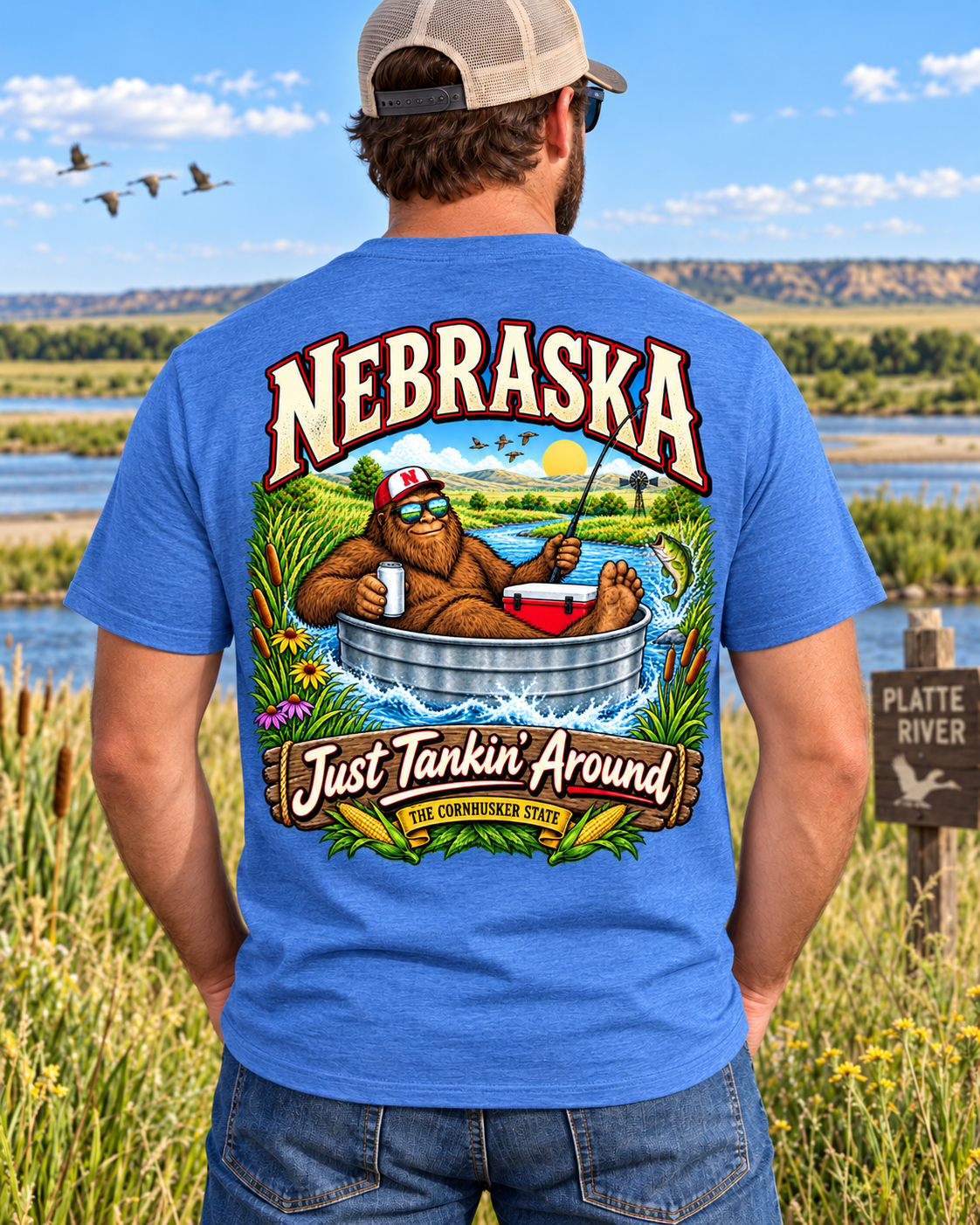 Nebraska Bigfoot T-Shirt - Tankin' Around - Bigfoot Coast to Coast
