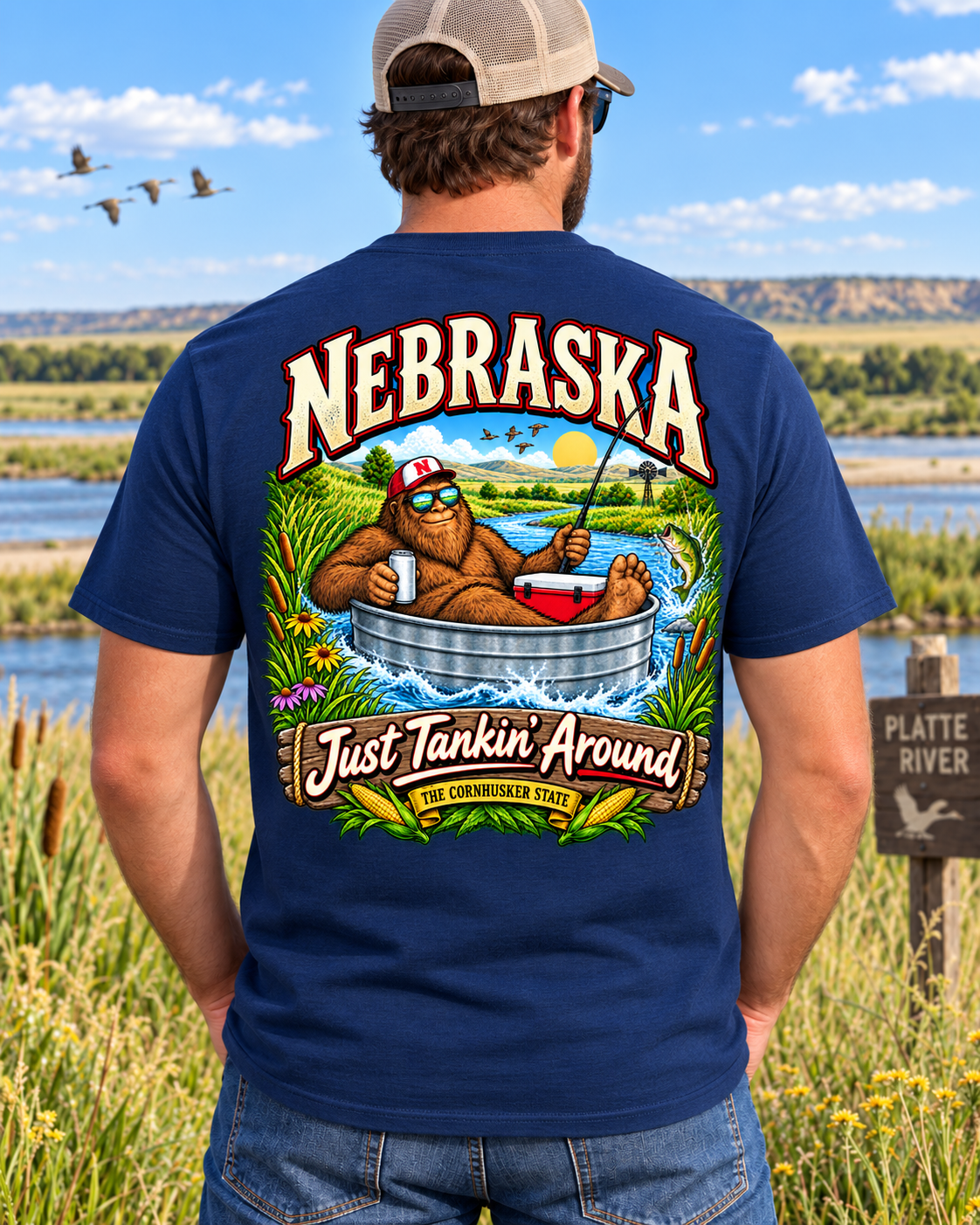Nebraska Bigfoot T-Shirt - Tankin' Around - Bigfoot Coast to Coast