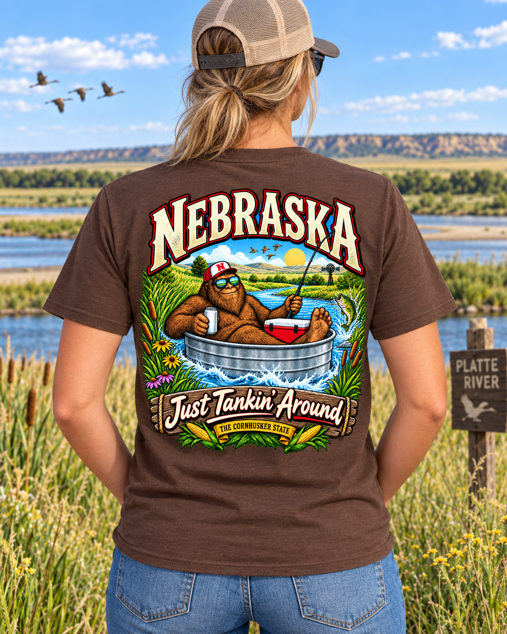 Nebraska Bigfoot T-Shirt - Tankin' Around - Bigfoot Coast to Coast