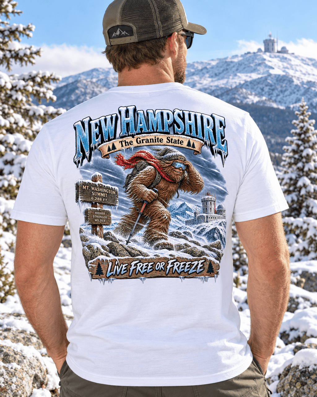 New Hampshire Bigfoot shirt featuring Sasquatch hiking Mount Washington in the White Mountains with Live Free or Freeze design