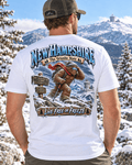 New Hampshire Bigfoot shirt featuring Sasquatch hiking Mount Washington in the White Mountains with Live Free or Freeze design