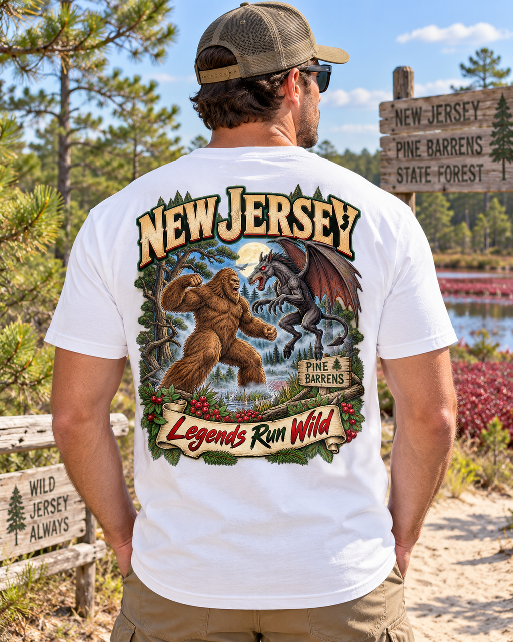New Jersey Bigfoot shirt featuring Bigfoot battling the Jersey Devil in the Pine Barrens with Legends Run Wild artwork.