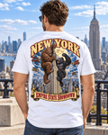 New York Bigfoot Empire State Showdown shirt with Bigfoot, giant gorilla, Empire State Building and NYC skyline back graphic