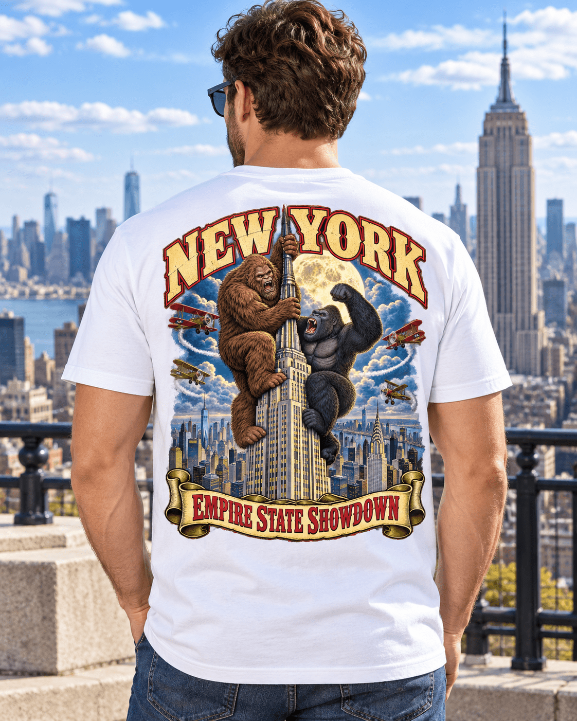 New York Bigfoot Empire State Showdown shirt with Bigfoot, giant gorilla, Empire State Building and NYC skyline back graphic