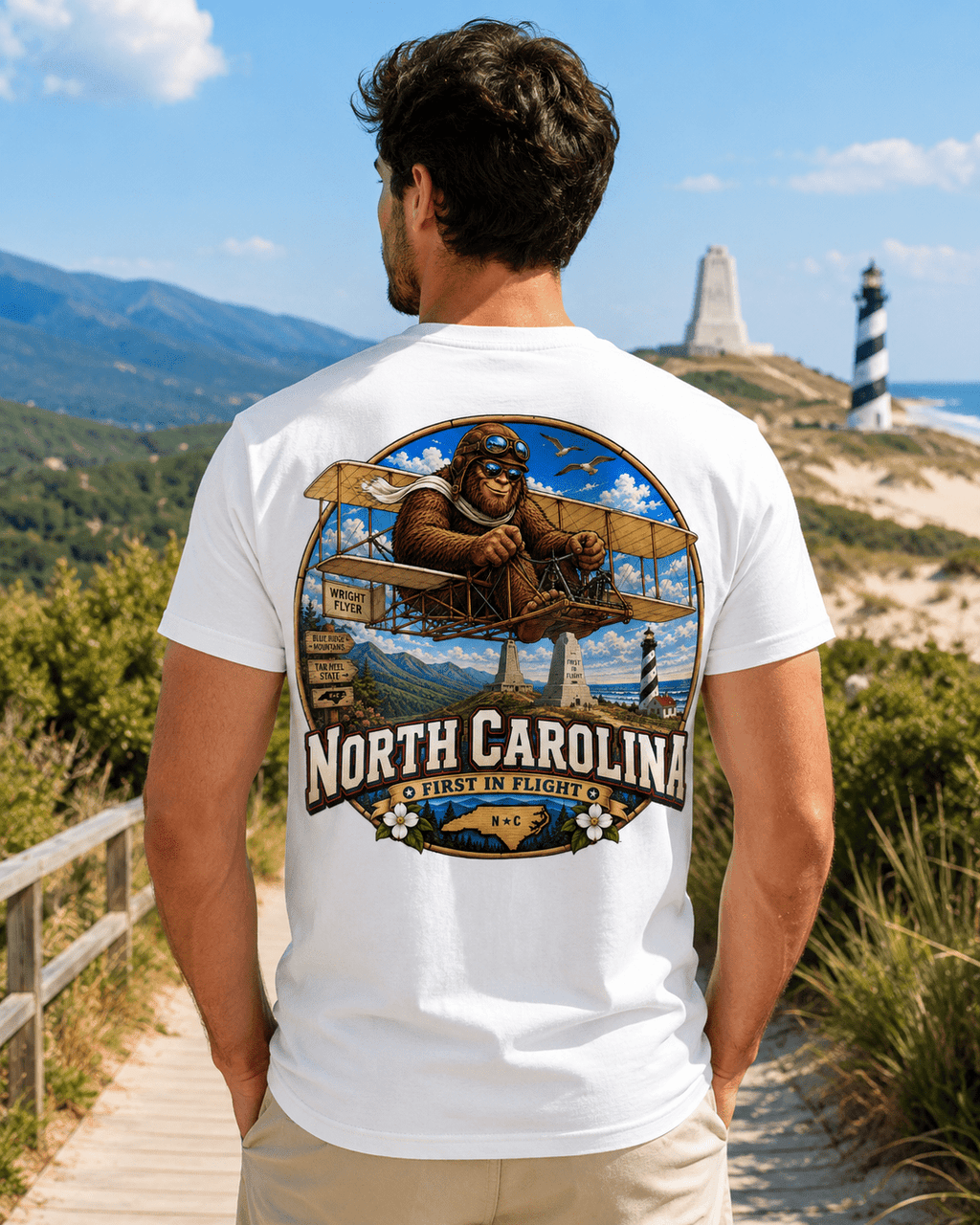 North Carolina Bigfoot shirt featuring Sasquatch flying a vintage biplane above Outer Banks and Blue Ridge scenery