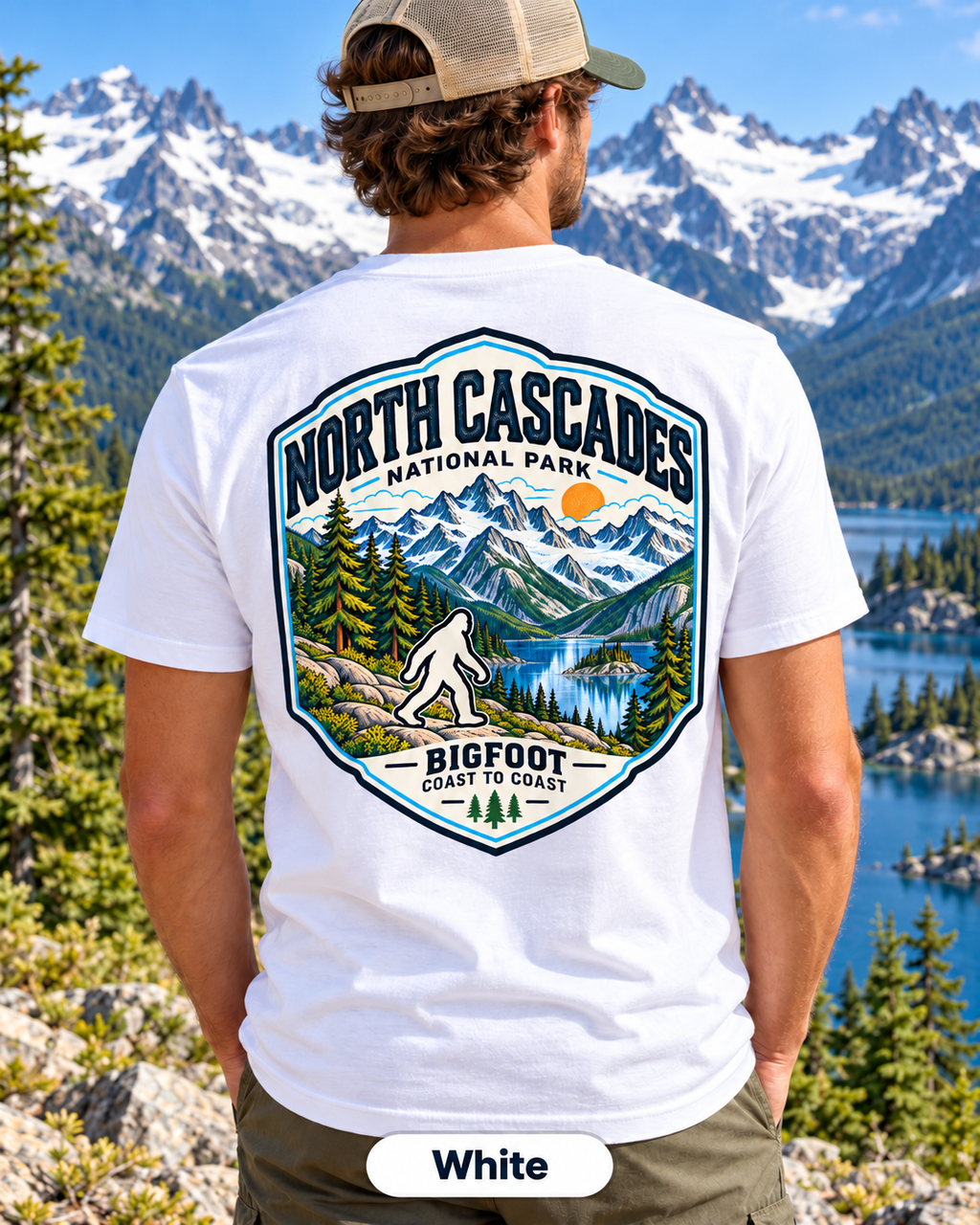 North Cascades lBigfoot shirt featuring a vintage national park back graphic inspired by jagged Cascade peaks, turquoise lakes, glaciers, and dense forest