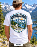 North Cascades lBigfoot shirt featuring a vintage national park back graphic inspired by jagged Cascade peaks, turquoise lakes, glaciers, and dense forest