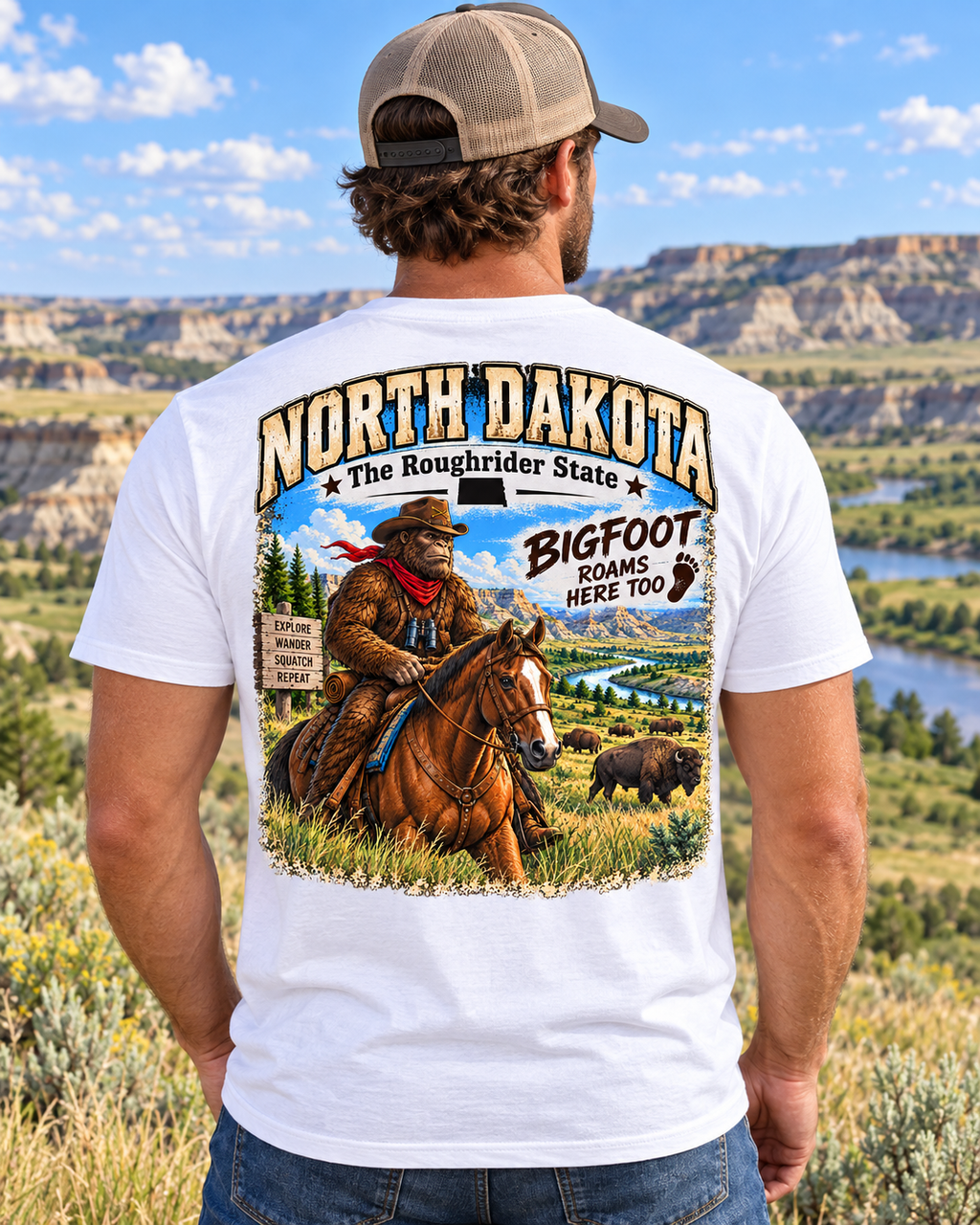 North Dakota Bigfoot shirt featuring Sasquatch riding a horse through the Badlands with bison and Roughrider State artwork.
