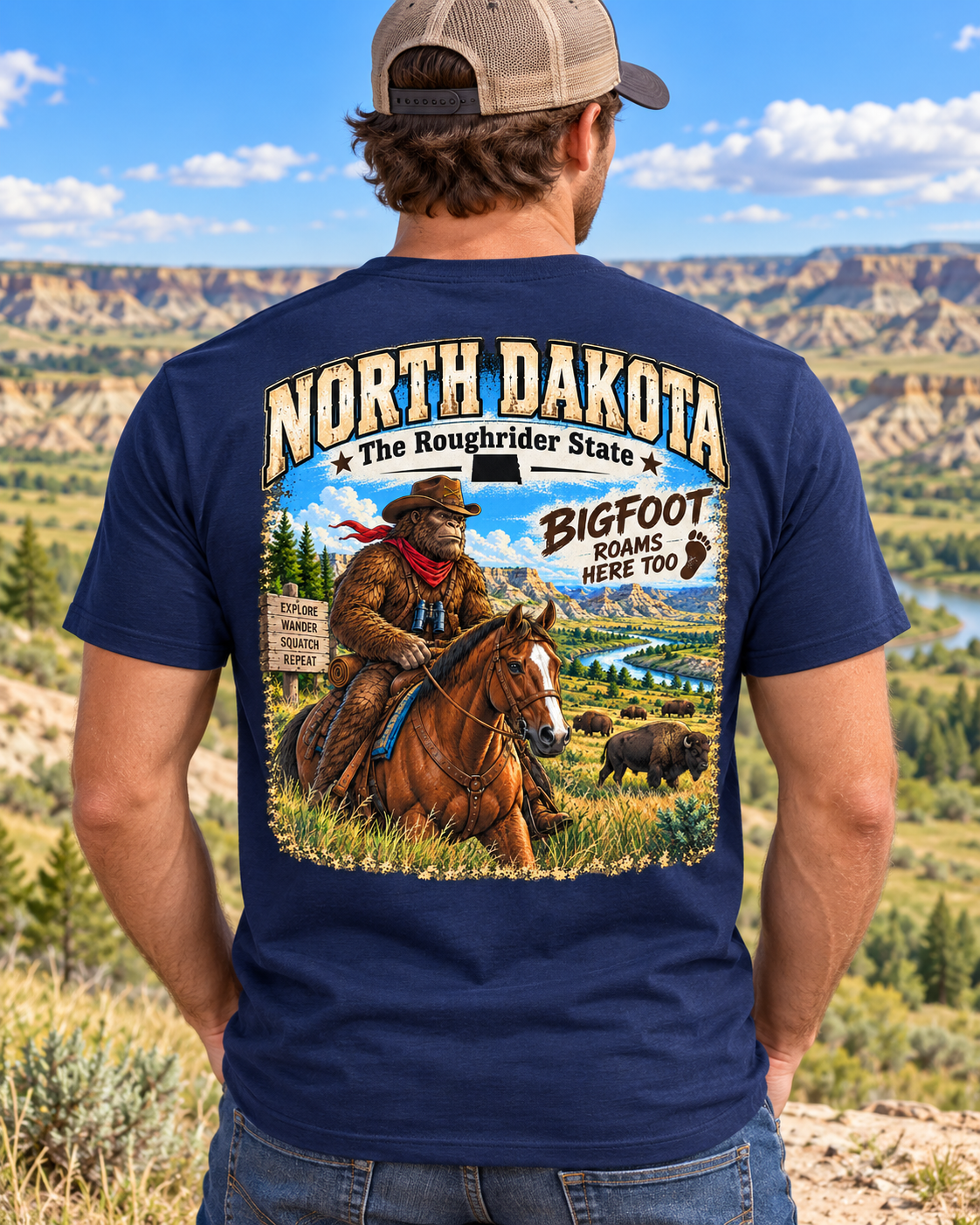 North Dakota Bigfoot T-Shirt – Roughrider Sasquatch T-Shirt - Bigfoot Coast to Coast