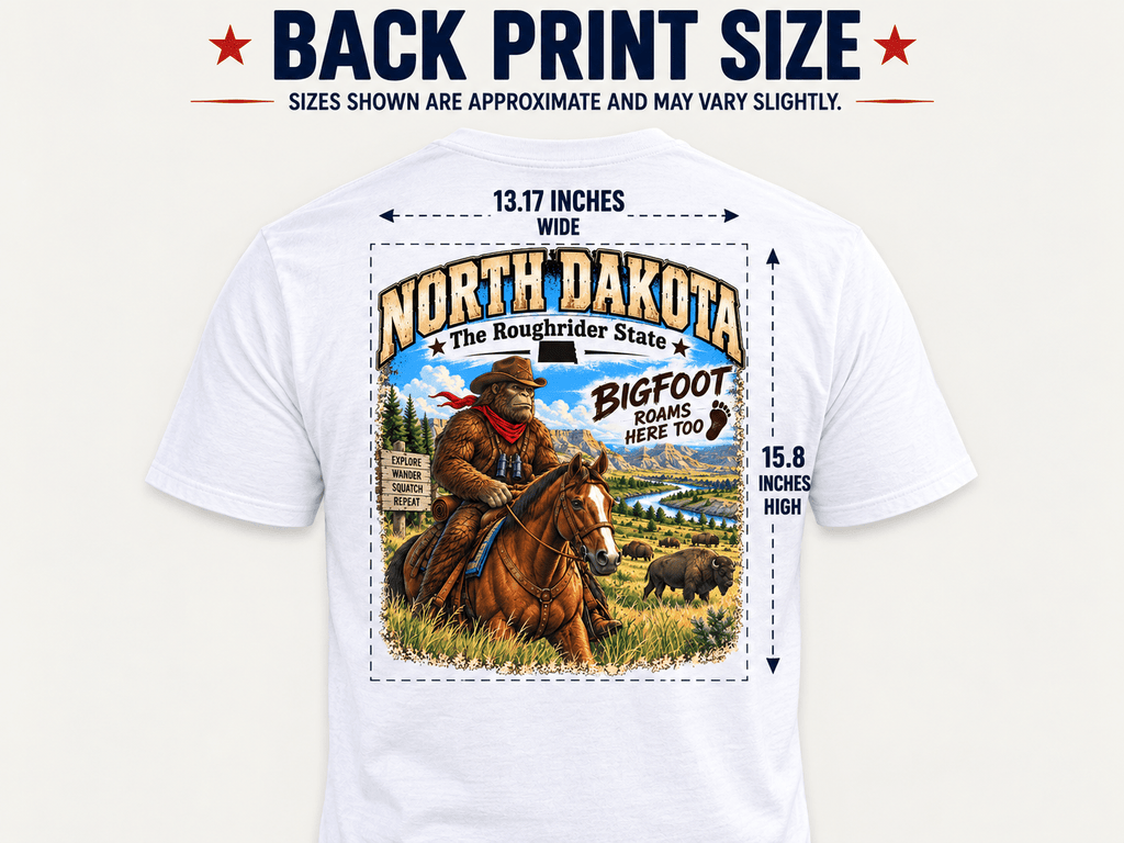 North Dakota Bigfoot T-Shirt – Roughrider Sasquatch T-Shirt - Bigfoot Coast to Coast
