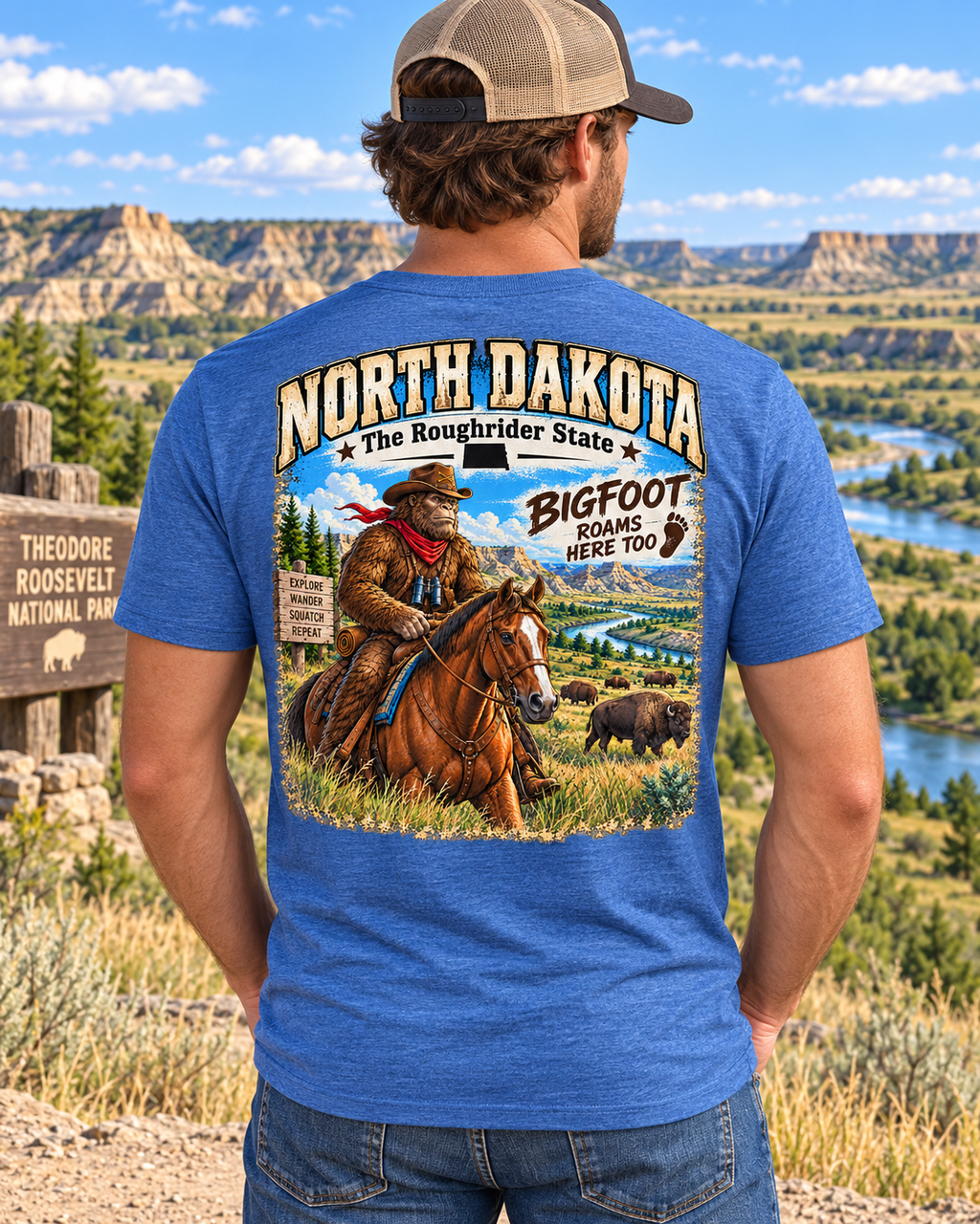 North Dakota Bigfoot T-Shirt – Roughrider Sasquatch T-Shirt - Bigfoot Coast to Coast