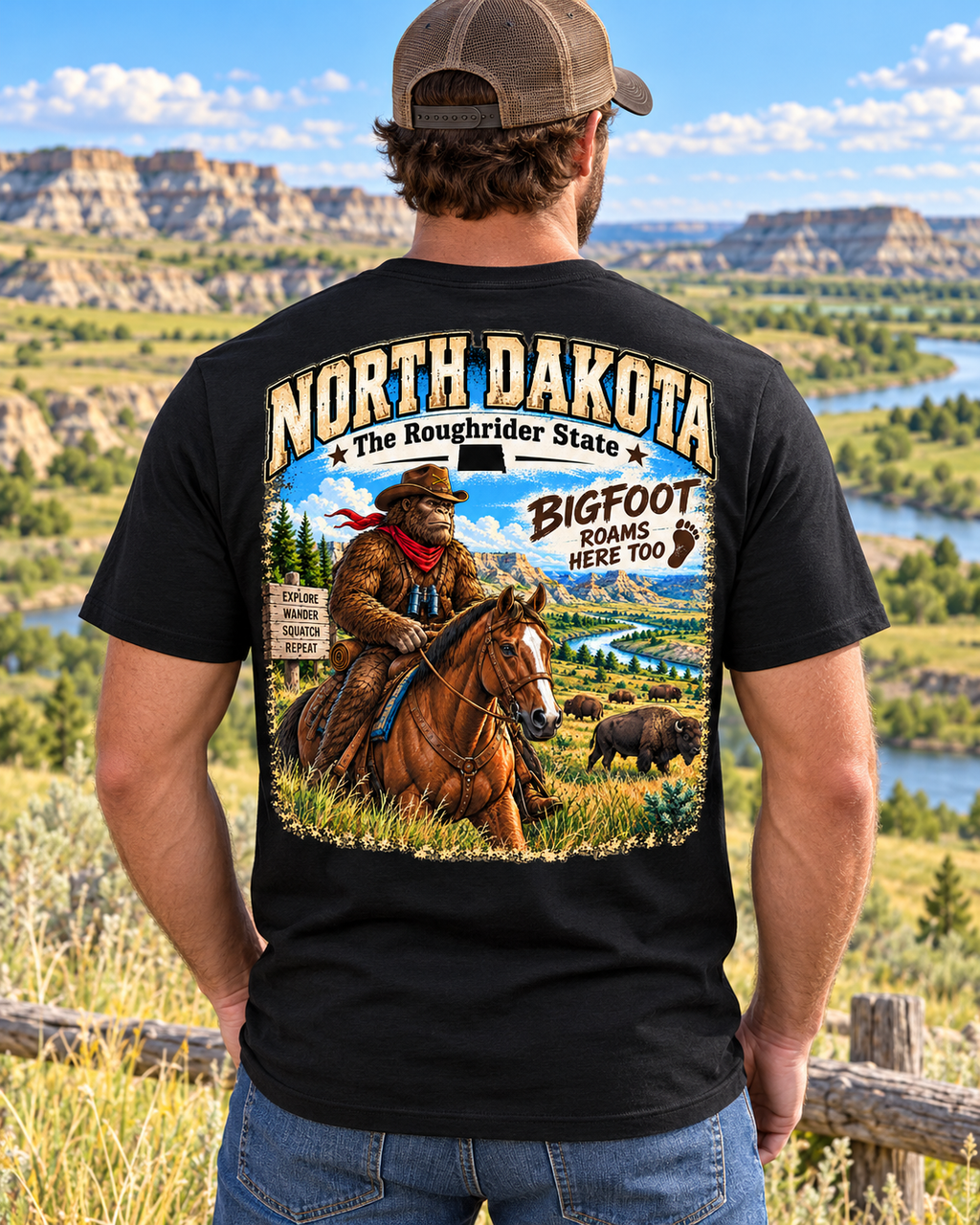 North Dakota Bigfoot T-Shirt – Roughrider Sasquatch T-Shirt - Bigfoot Coast to Coast