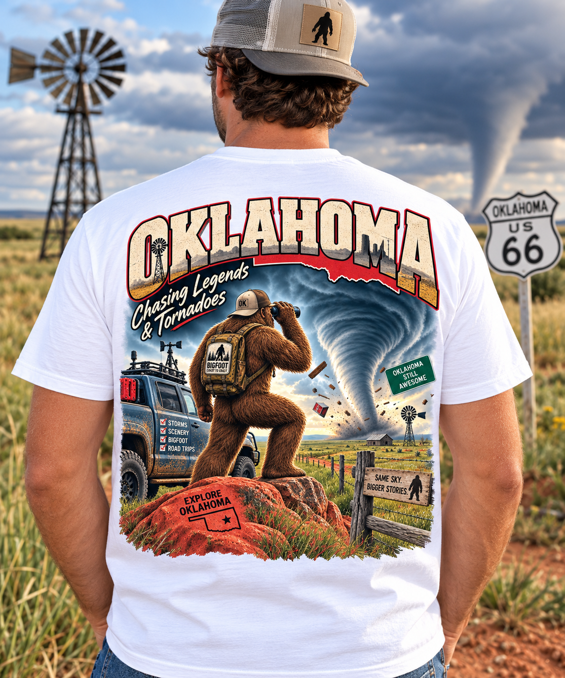 Oklahoma Bigfoot tornado chaser shirt featuring Sasquatch with binoculars, storm vehicle, red dirt prairie, windmills, farmhouse, and a dramatic tornado beneath bold Oklahoma lettering.