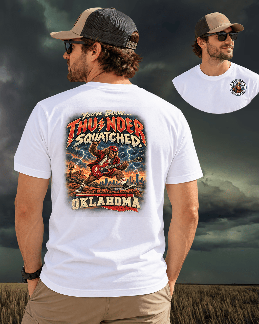 Oklahoma Bigfoot rock and roll T-shirt featuring Sasquatch playing a red electric guitar in a vintage hard rock design by Bigfoot Coast to Coast.