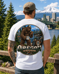 Oregon Bigfoot shirt featuring Sasquatch with coffee and Pacific Northwest forest scenery